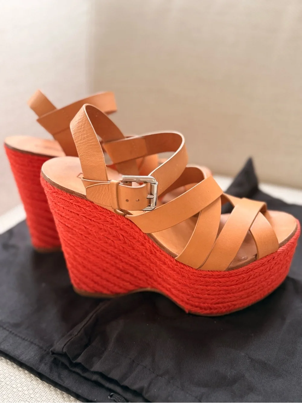 Ralph Lauren Purple Label Tan Leather Platform Sandals with Red Trim